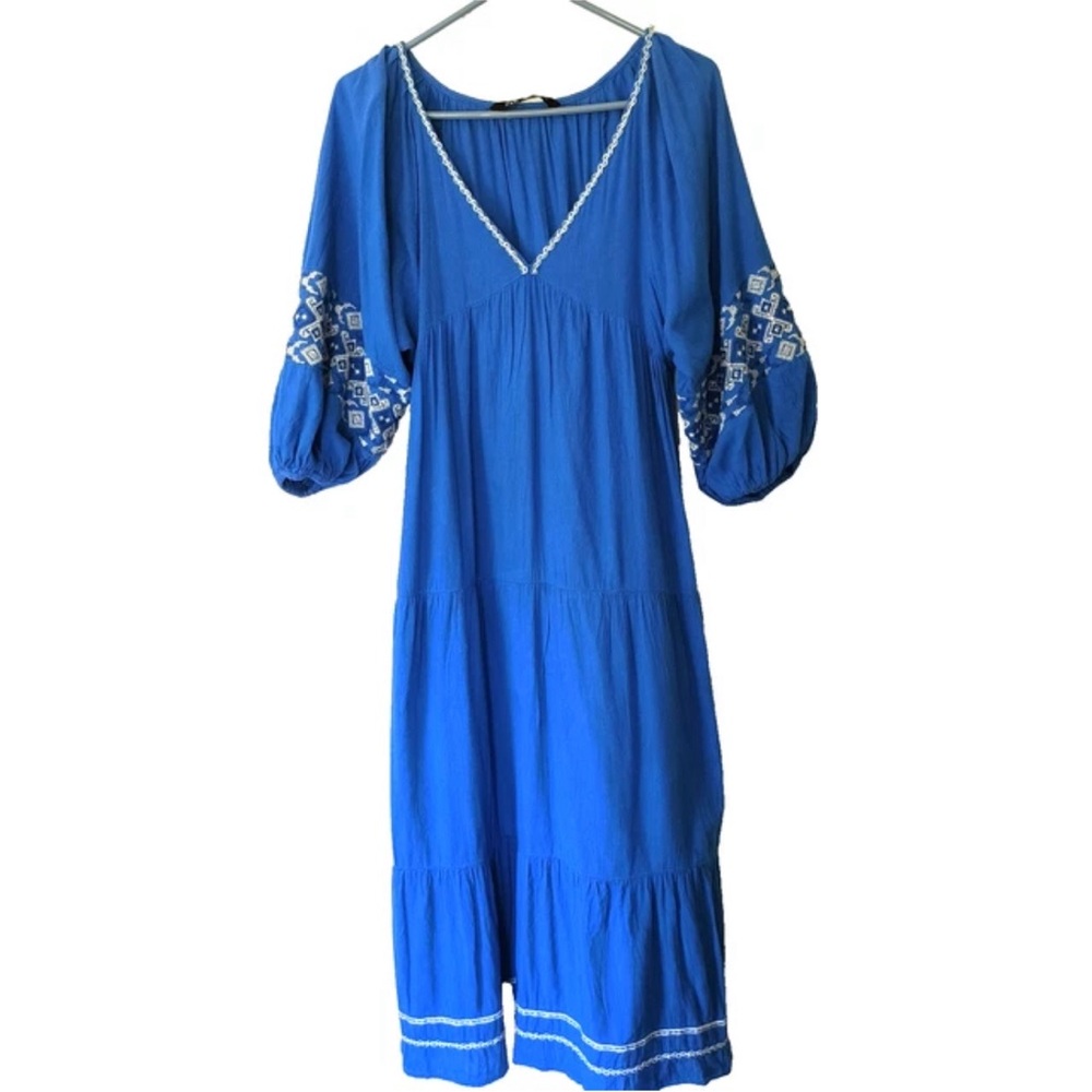 Zara Royal Blue Long Sleeve Dress with White Embroidery
